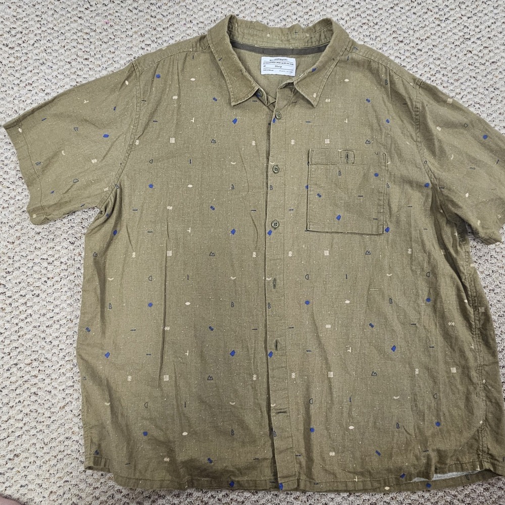 REI Co-Op Shirt Mens XXL Tan Outdoor Print Short Sleeve Hemp Cotton Casual Camp
